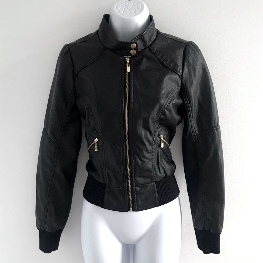 Therapy Faux Leather Black Gold Moto Zipper Jacket